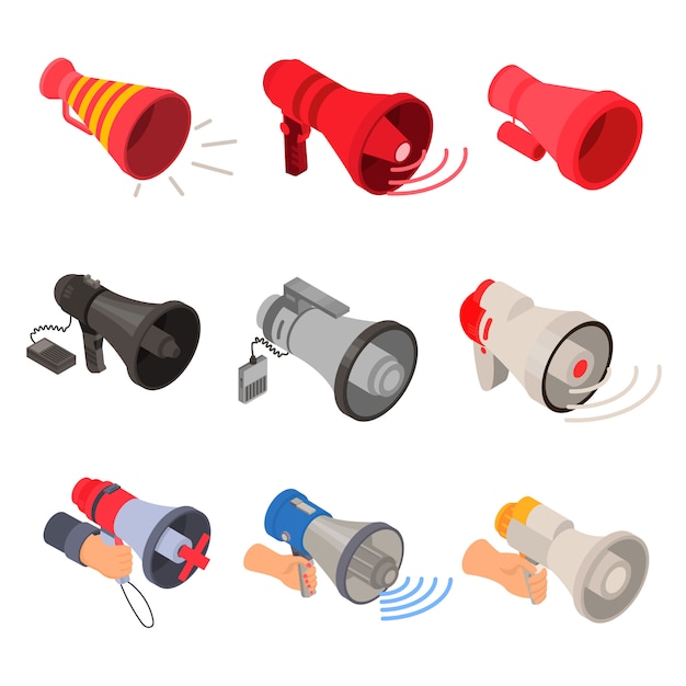 Megaphone icon set. Isometric set of megaphone vector icons for web design isolated on white background