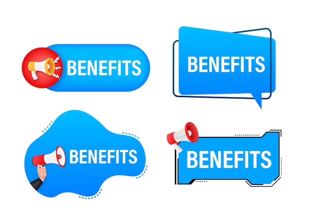 Set di etichette megafono con testo benefici banner di promozione del megafono in mano marketing e pubblicità