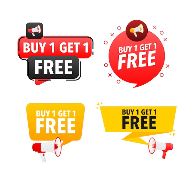 Vector megaphone label set with text buy 1 get 1 free buy 1 get 1 free announcement banner