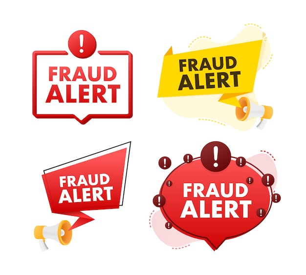 Megaphone label set with text Fraud alert Megaphone in hand promotion banner Marketing