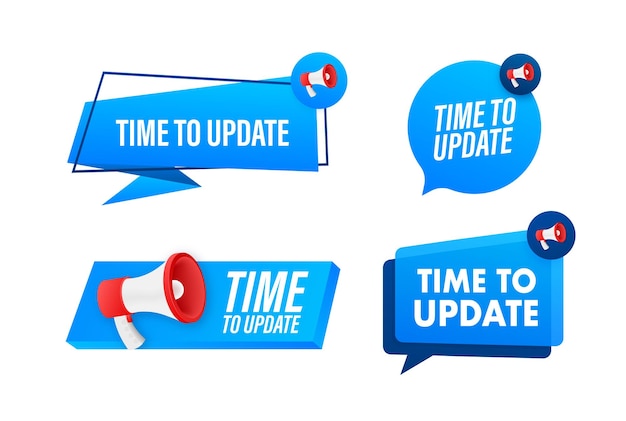 Megaphone label set with text time to update megaphone in hand promotion banner marketing