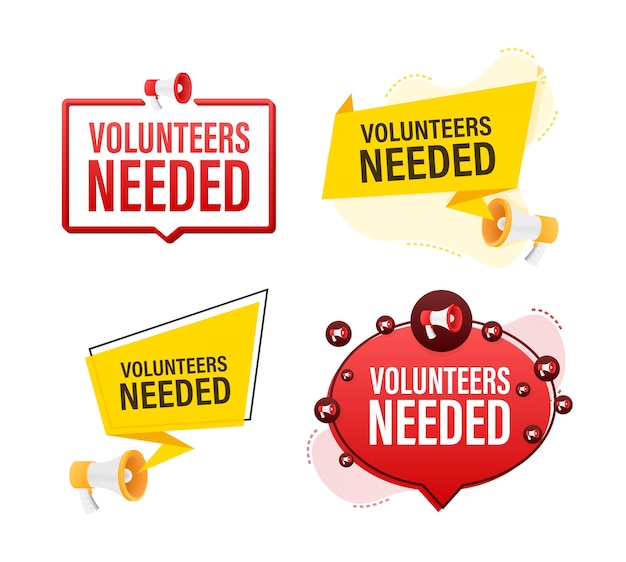 Set di etichette megafono con testo volunteers needed megafono in mano promozione banner marketing