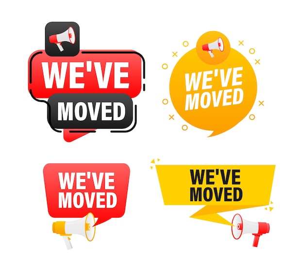Megaphone label set with text we have moved we have moved announcement banner