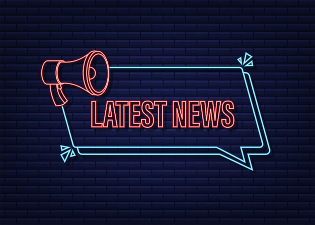 Megaphone label with latest news neon icon megaphone banner web design