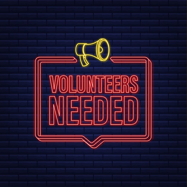 Megaphone label with volunteers needed megaphone banner neon icon web design