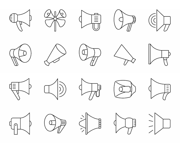 Vector megaphone line icons set, speakers sign, marketing, promotion goods, bullhorn simple black symbol