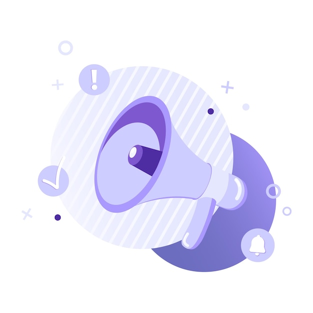 Megaphone or loudspeaker flat vector illustration with icons on abstract background.