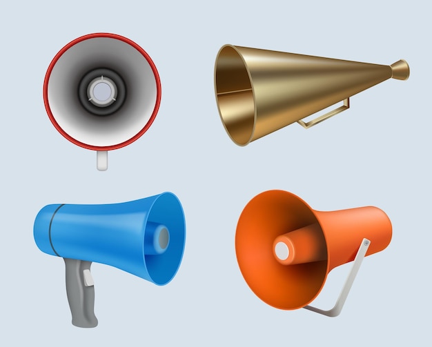 Vector megaphone marketing loud speaker communication realistic alarm horns decent vector megaphones collection