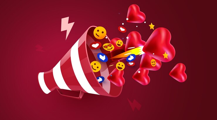 Вектор мегафон с летающими символами социальных сетей концепция делового объявления