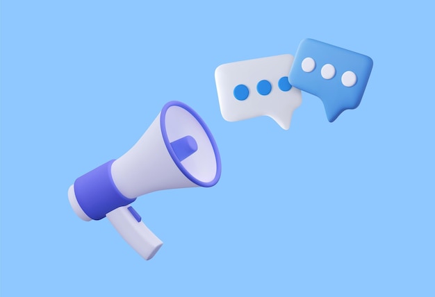 Megafono con icona messaggi isolata sullo sfondo marketing online con altoparlante rendering 3d bianco e blu