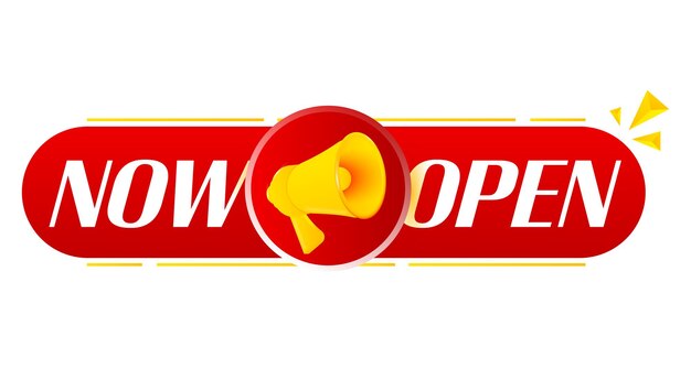 Мегафон теперь открыт на белом фоне Мегафон баннер Веб-дизайн Вектор