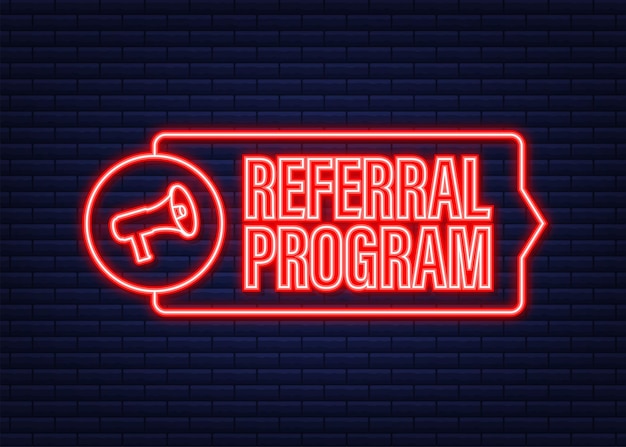 Megafono con programma referral. icona al neon. illustrazione vettoriale.