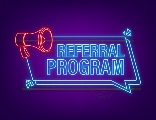 Megafono con programma referral. icona al neon. illustrazione vettoriale.