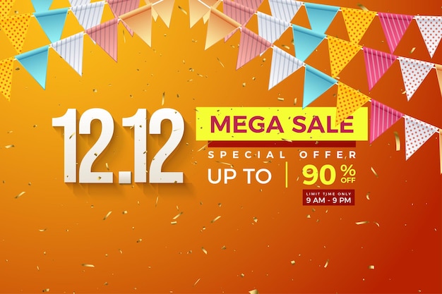 Megas sale 12 12 on orange background and flags