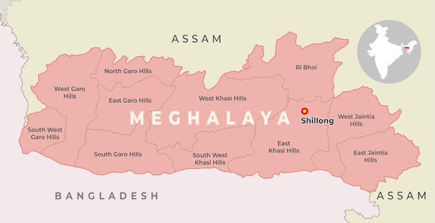 Meghalaya district kaart met naburige staat en land