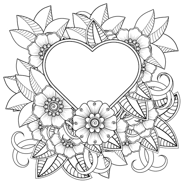 Vector mehndi bloem met frame in de vorm van een hart in etnische oosterse stijl doodle ornament kleurboek pagina