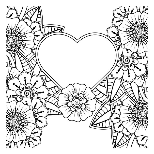 Mehndi bloem met frame in de vorm van een hart in etnische oosterse stijl doodle ornament kleurboek pagina