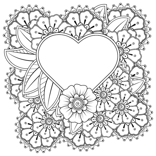 Vector mehndi bloem met frame in de vorm van een hart in etnische oosterse stijl doodle ornament kleurboek pagina