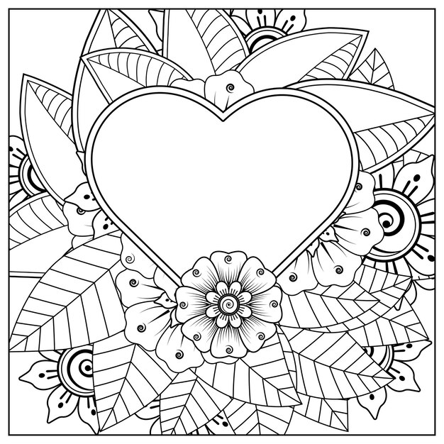 Mehndi bloem met frame in de vorm van hart decoratief ornament in etnische oosterse stijl doodle ornament kleurboek pagina