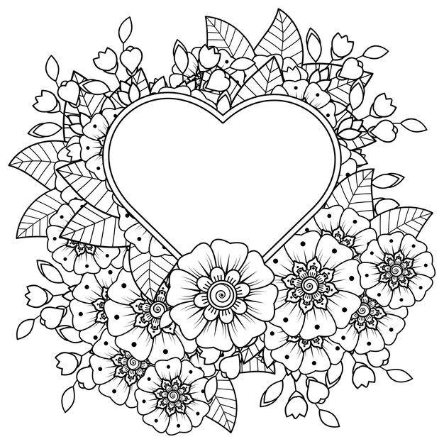 Mehndi bloem met frame in de vorm van hart in etnische oosterse stijl doodle ornament kleurboek pagina