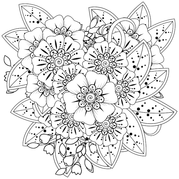 Composizione floreale mehndi. ornamento decorativo. pagina del libro da colorare di tiraggio della mano di contorno.