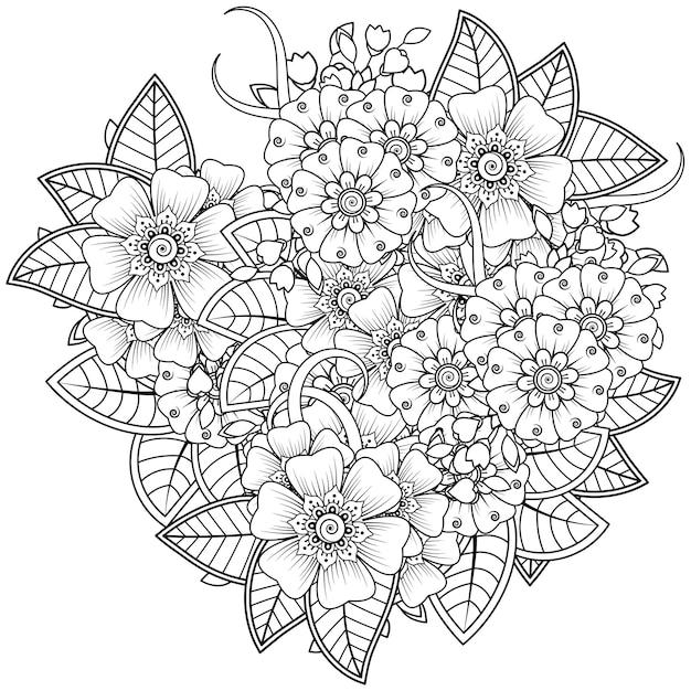 Mehndi flower arrangement. Decorative ornament. Outline hand draw coloring book page.