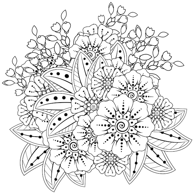 Mehndi flower arrangement. decorative ornament. outline hand draw coloring book page.