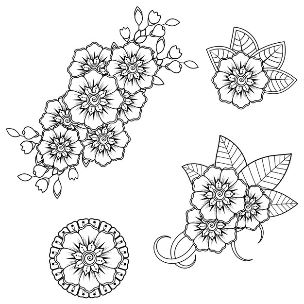 Fiore mehndi per l'henné. ornamento di doodle. illustrazione di tiraggio della mano di contorno.