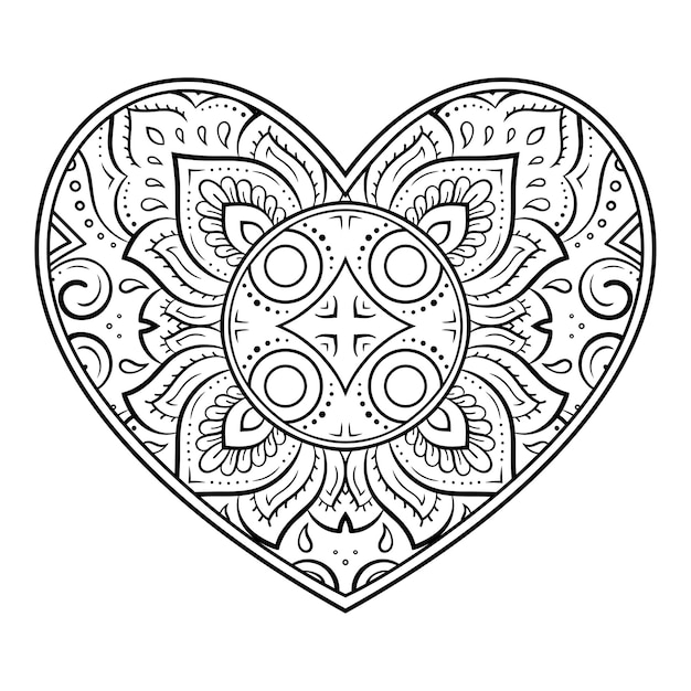 Motivo floreale mehndi a forma di cuore per disegno all'henné e tatuaggio decorazione in stile etnico orientale indiano saluti di san valentino pagina del libro da colorare