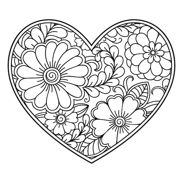 Vector mehndi flower pattern in form of heart with lotus. decoration in ethnic oriental, indian style. coloring book page.