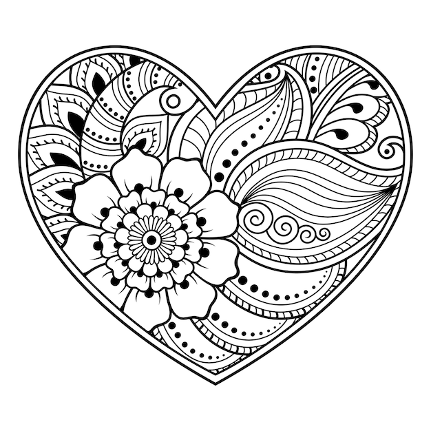 Mehndi flower pattern in form of heart with lotus for Henna drawing and tattoo.