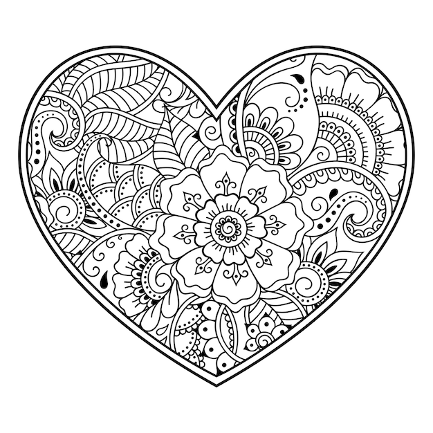 Менди цветочный узор в форме сердца с лотосом. оформление в этническом восточном, индийском стиле. страница книжки-раскраски.