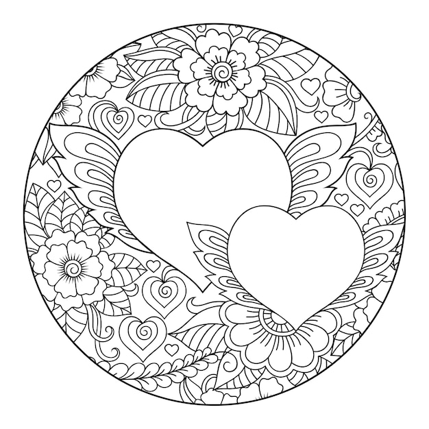 Mehndi flower round pattern and heart. Decoration in ethnic oriental, Indian style. Coloring book page.