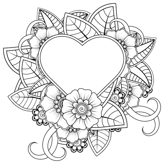 민족 오리엔탈 스타일 낙서 장식 색칠 공부 페이지에서 심장 모양의 프레임 멘디 꽃