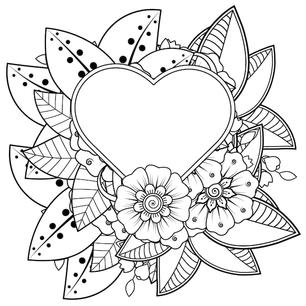 Раскраска цветок менди с рамкой в форме сердца в этническом восточном стиле каракули орнамент
