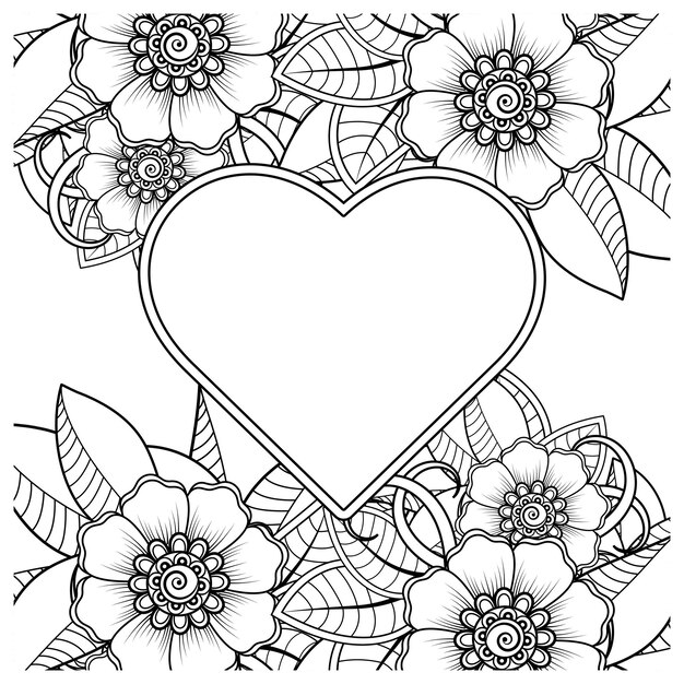 Vector mehndi flower with frame in shape of heart decoration in ethnic oriental doodle ornament