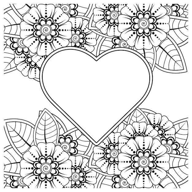 Mehndi flower with frame in shape of heart decoration in ethnic oriental doodle ornament