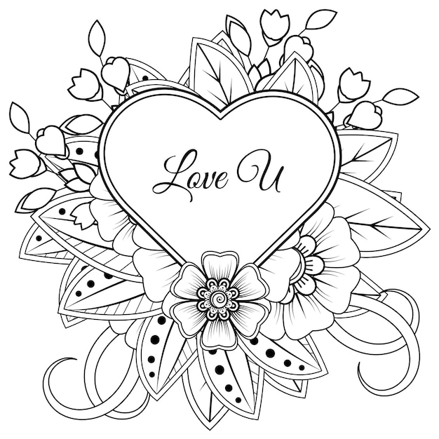 Vector mehndi flower with frame in shape of heart decoration in ethnic oriental doodle ornament