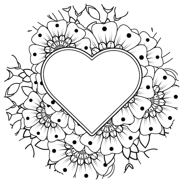 エスニックオリエンタル落書き飾りのハートの装飾の形をしたフレームを持つ一時的な刺青の花