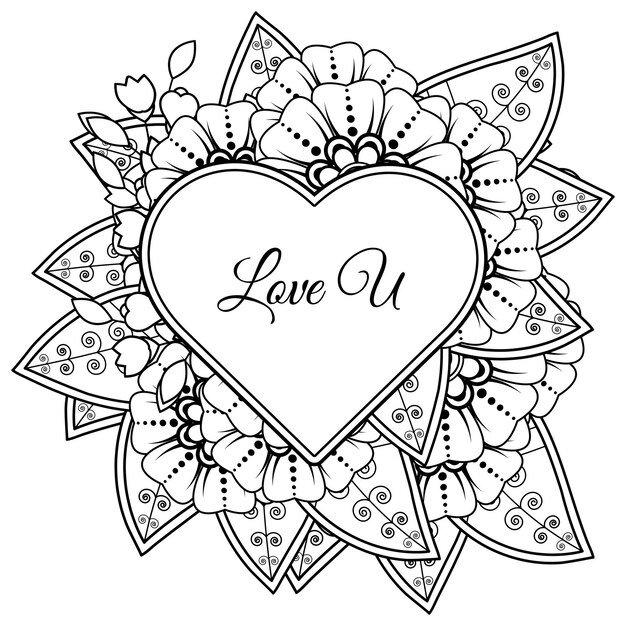 Mehndi flower with frame in shape of heart decoration in ethnic oriental doodle ornament