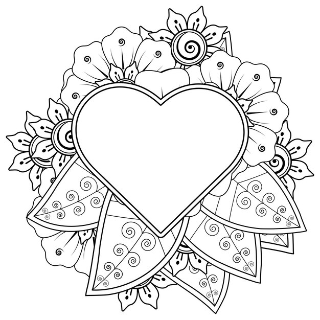 Vector mehndi flower with frame in shape of heart decoration in ethnic oriental doodle ornament