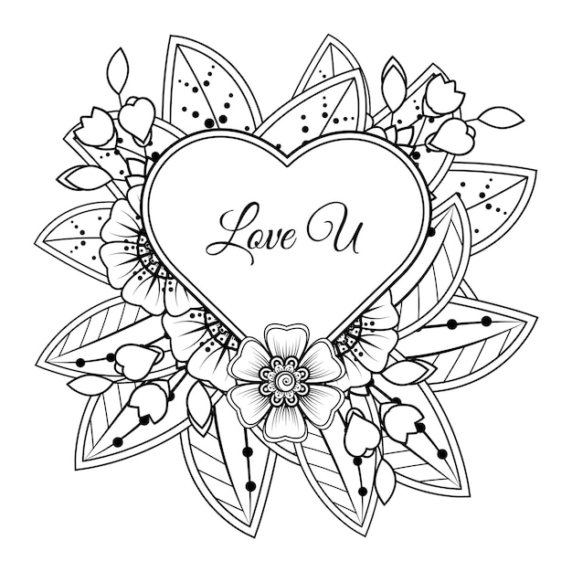 Mehndi flower with frame in shape of heart decoration in ethnic oriental doodle ornament