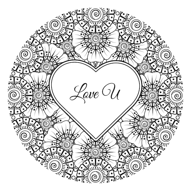 Mehndi flower with frame in shape of heart decoration in ethnic oriental doodle ornament