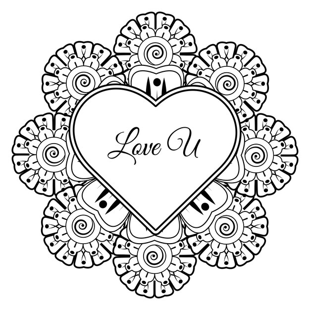 Mehndi flower with frame in shape of heart decoration in ethnic oriental doodle ornament