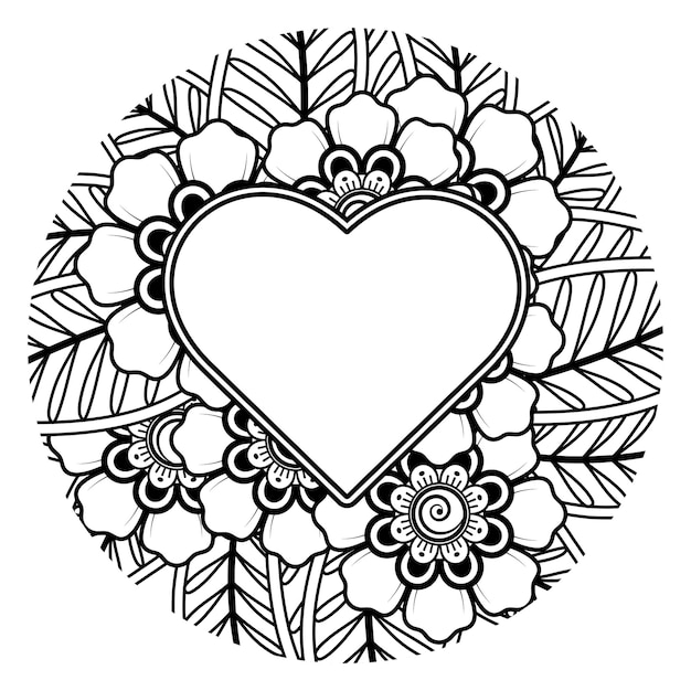 Mehndi flower with frame in shape of heart decoration in ethnic oriental doodle ornament