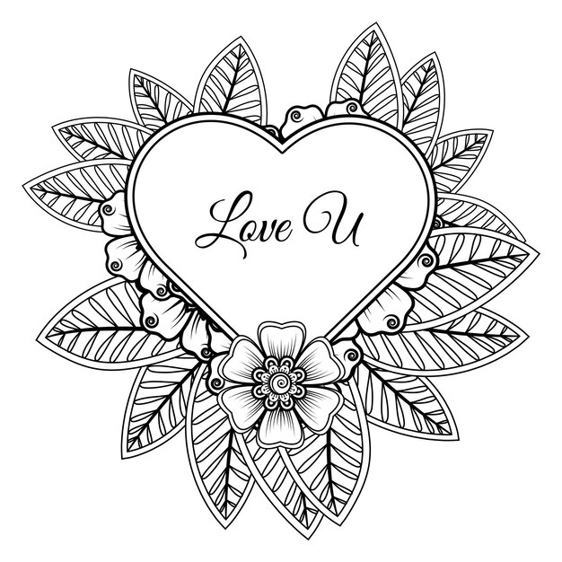 Vector mehndi flower with frame in shape of heart decoration in ethnic oriental doodle ornament