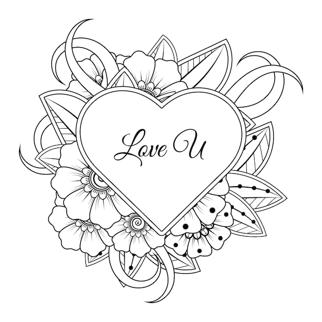 Vector mehndi flower with frame in shape of heart decoration in ethnic oriental doodle ornament