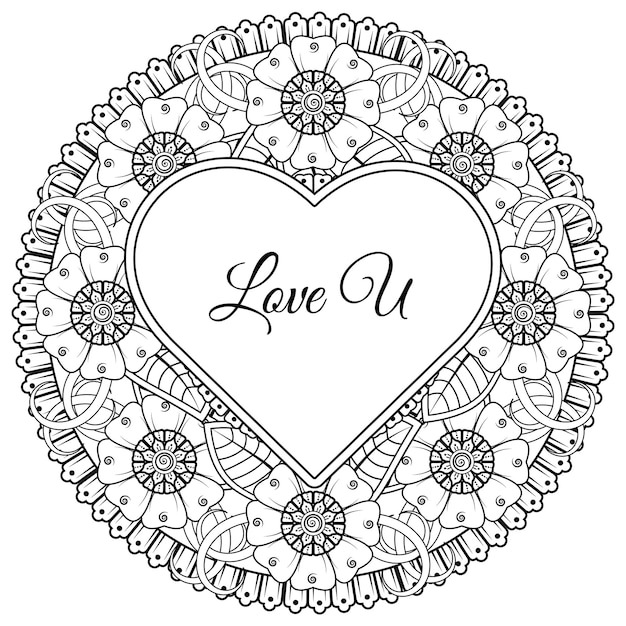 Mehndi flower with frame in shape of heart decoration in ethnic oriental doodle ornament