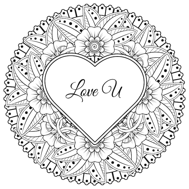 Mehndi flower with frame in shape of heart decoration in ethnic oriental doodle ornament