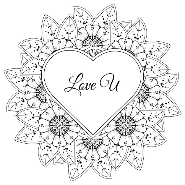 Mehndi flower with frame in shape of heart decoration in ethnic oriental doodle ornament